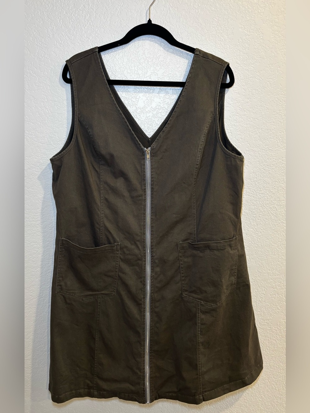 Zip-Front Olive Green Sleeveless Shift Dress